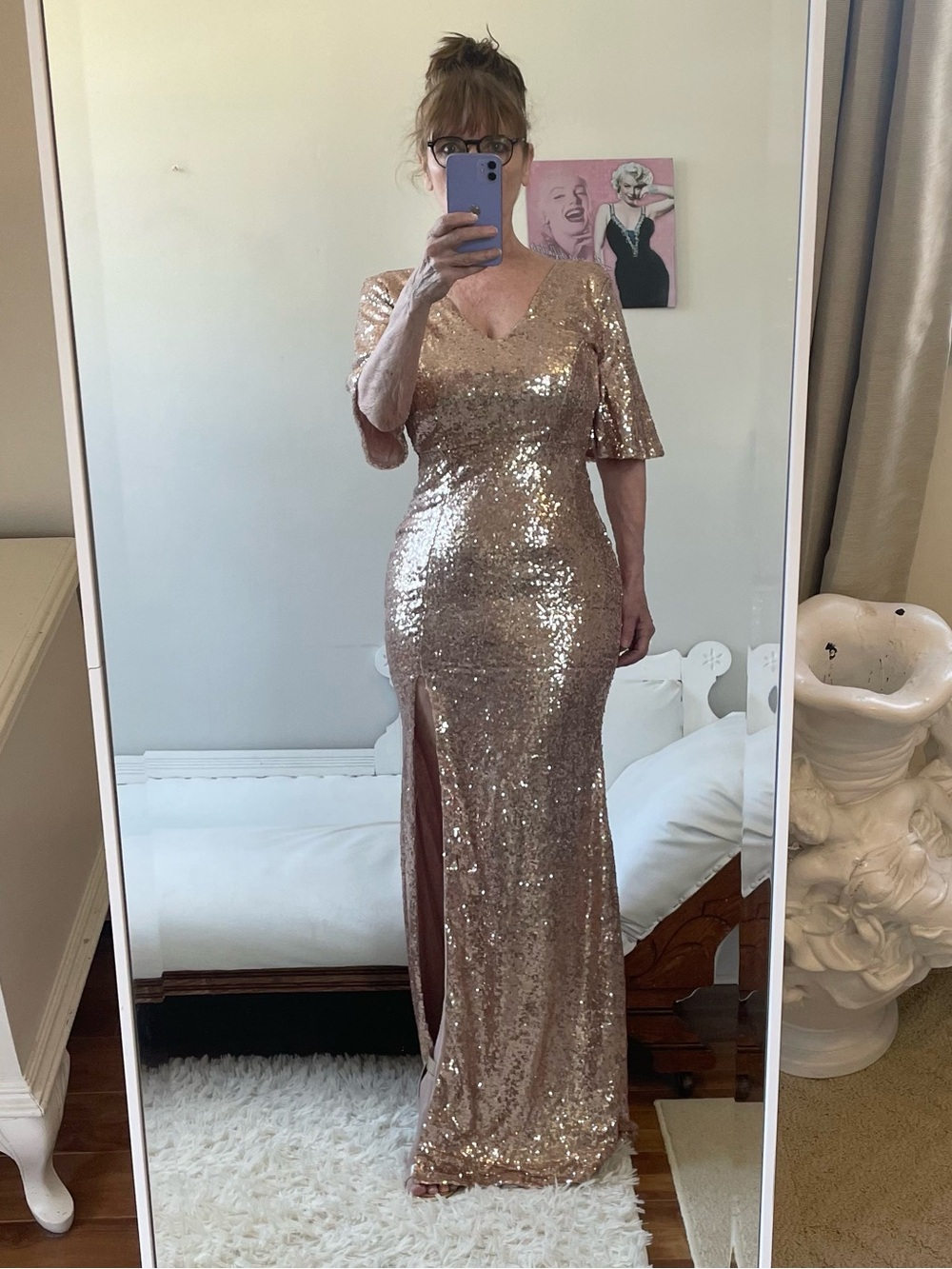 VINTAGE SYMPHONY ROSE GOLD SEQUIN MAXI DRESS ZIPPER V NECK FLUTTER SLEEVES LINED